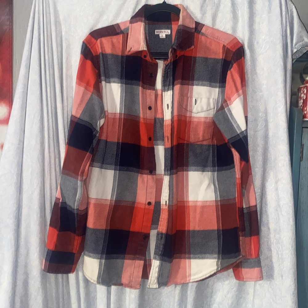 Merona Shirt Adult Small Red & Blue Plaid Flannel Button Up Long Sleeve Mens M